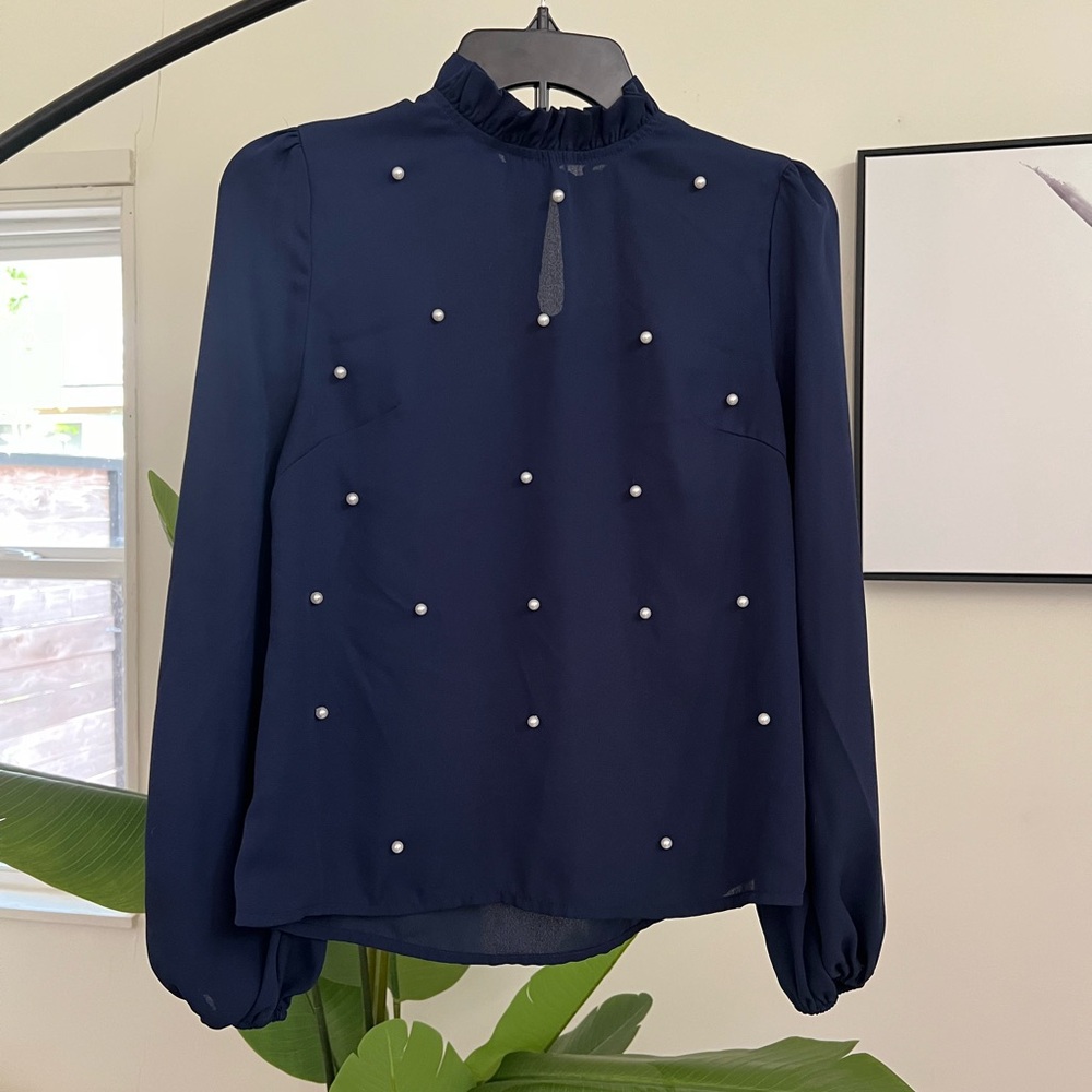 Navy Long Sleeve with Pearls
